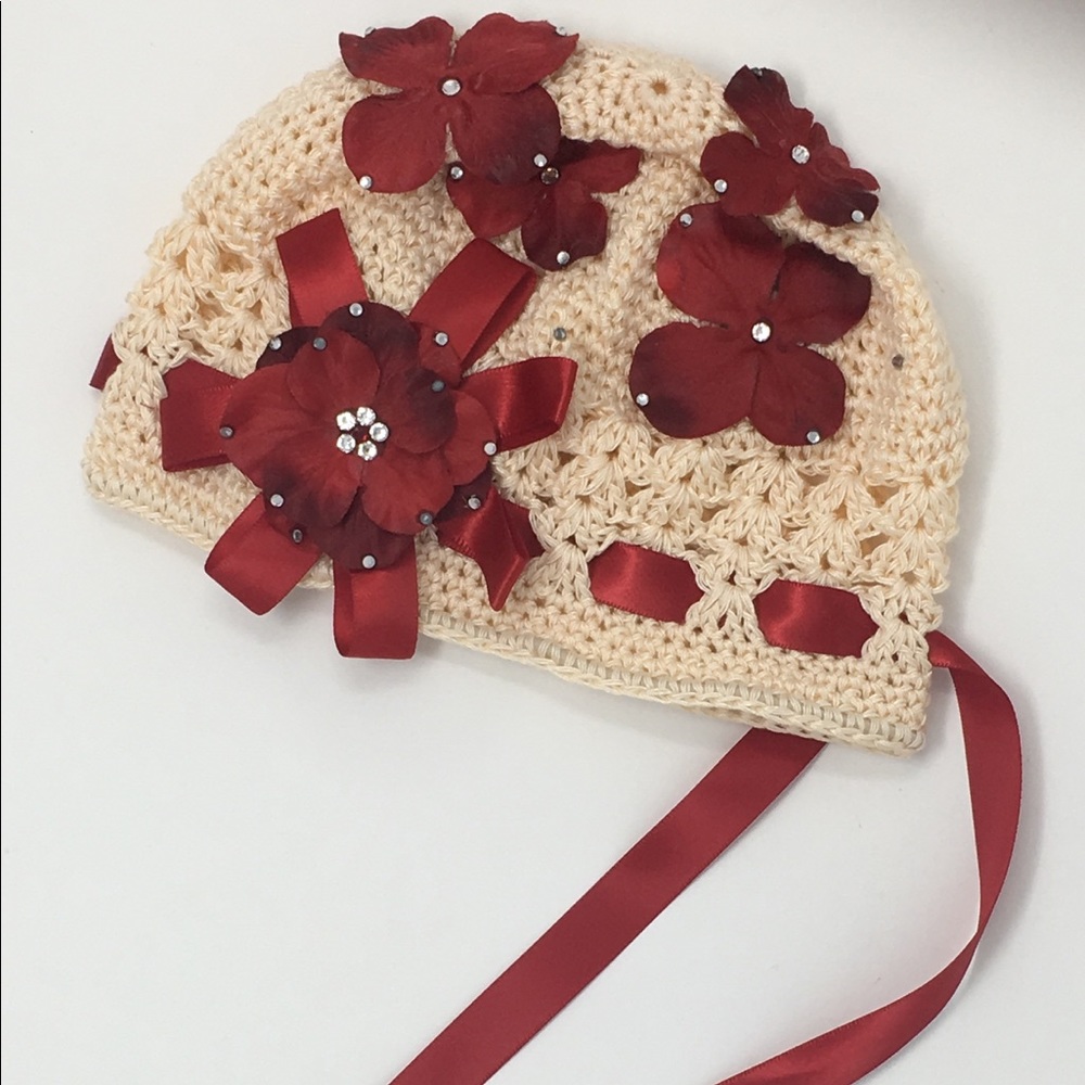Infant Crocheted Hat with Red Flowers & Ribbon NEW